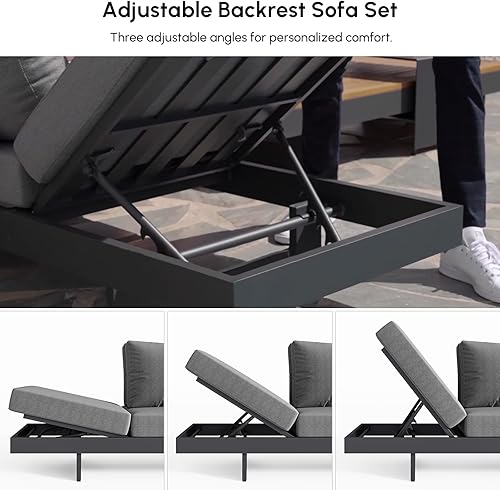 Miniatura 5 de homary Juego de 6 sofás seccionales de aluminio y teca para patio al aire libre, muebles de exterior con respaldos ajustables, impermeables, cojines