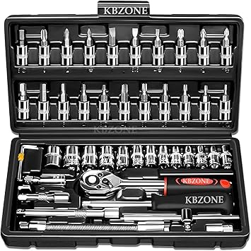 KBZONE 46PCS 1/4 inch Drive Socket Set,Metric Ratchet Wrench Set with 4-14mm CR-V Sockets,S2 Bits,Extension Bars,Mechanic Tool Kits for Household Auto Repair