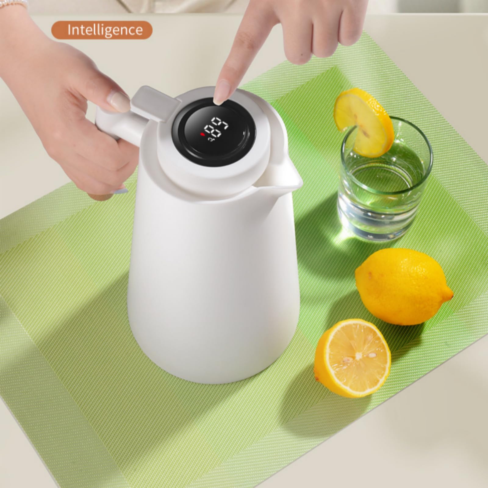 Caraffa termica intelligente con display della temperatura, 963,9 g, con rivestimento in vetro sottovuoto, caraffa termica a pressione per acqua, caraffa per caffè con manico in legno, caraffa per