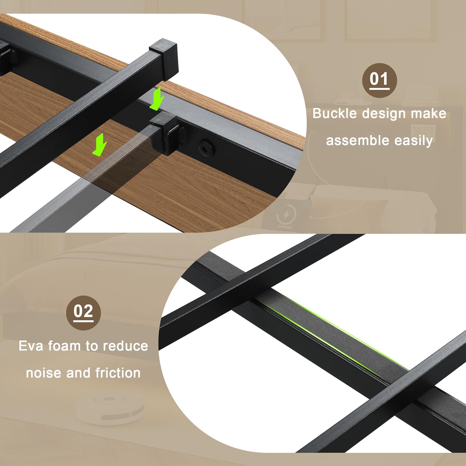 Close-up image showing the buckle design for easy assembly of bed frame components.