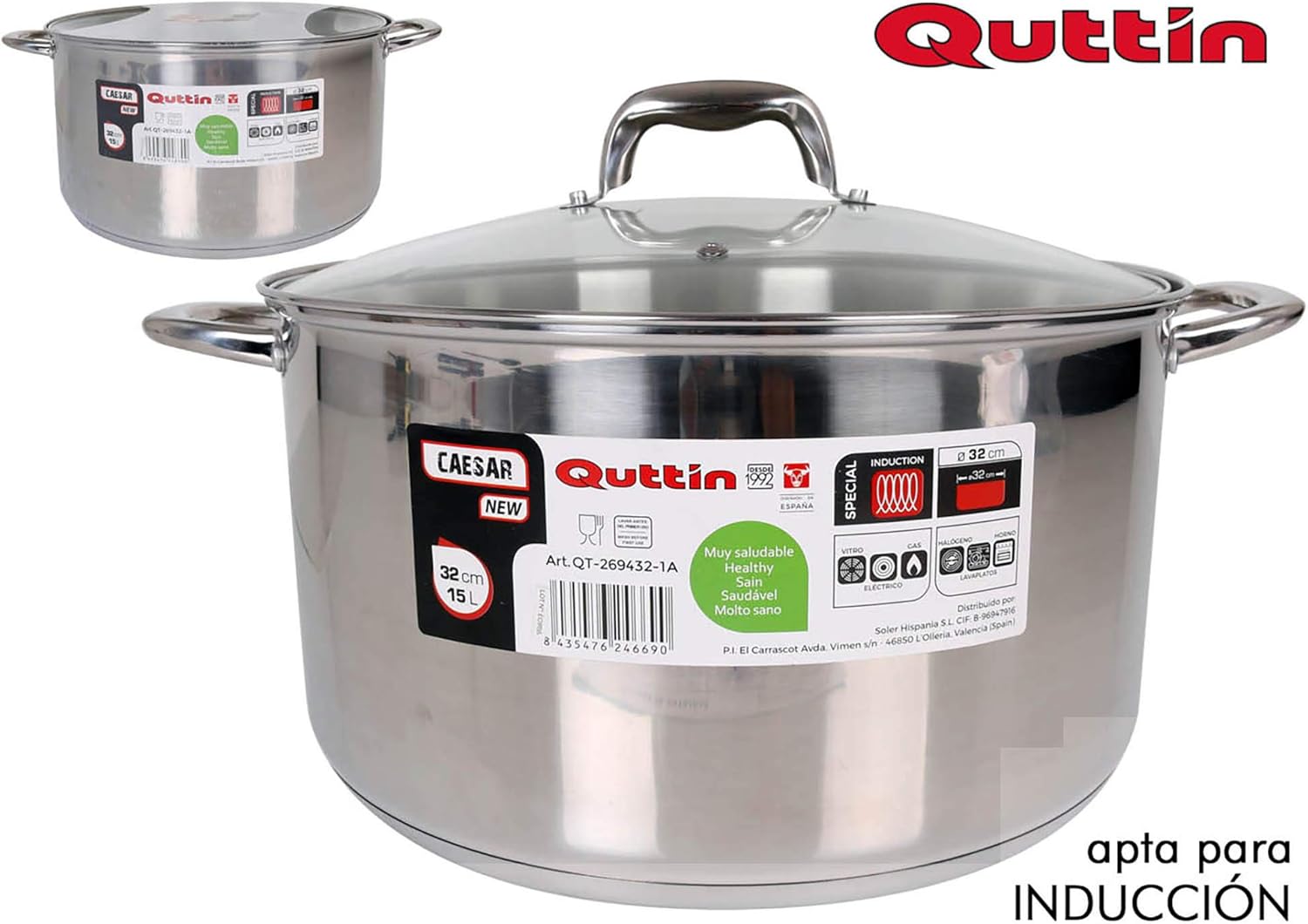 Quttin New Caesar – Professional Induction Pot, Kitchen and Oven, Large Saucepan, Non-Stick Stainless Steel, Glass Lid and Handles, 32 cm/7 L