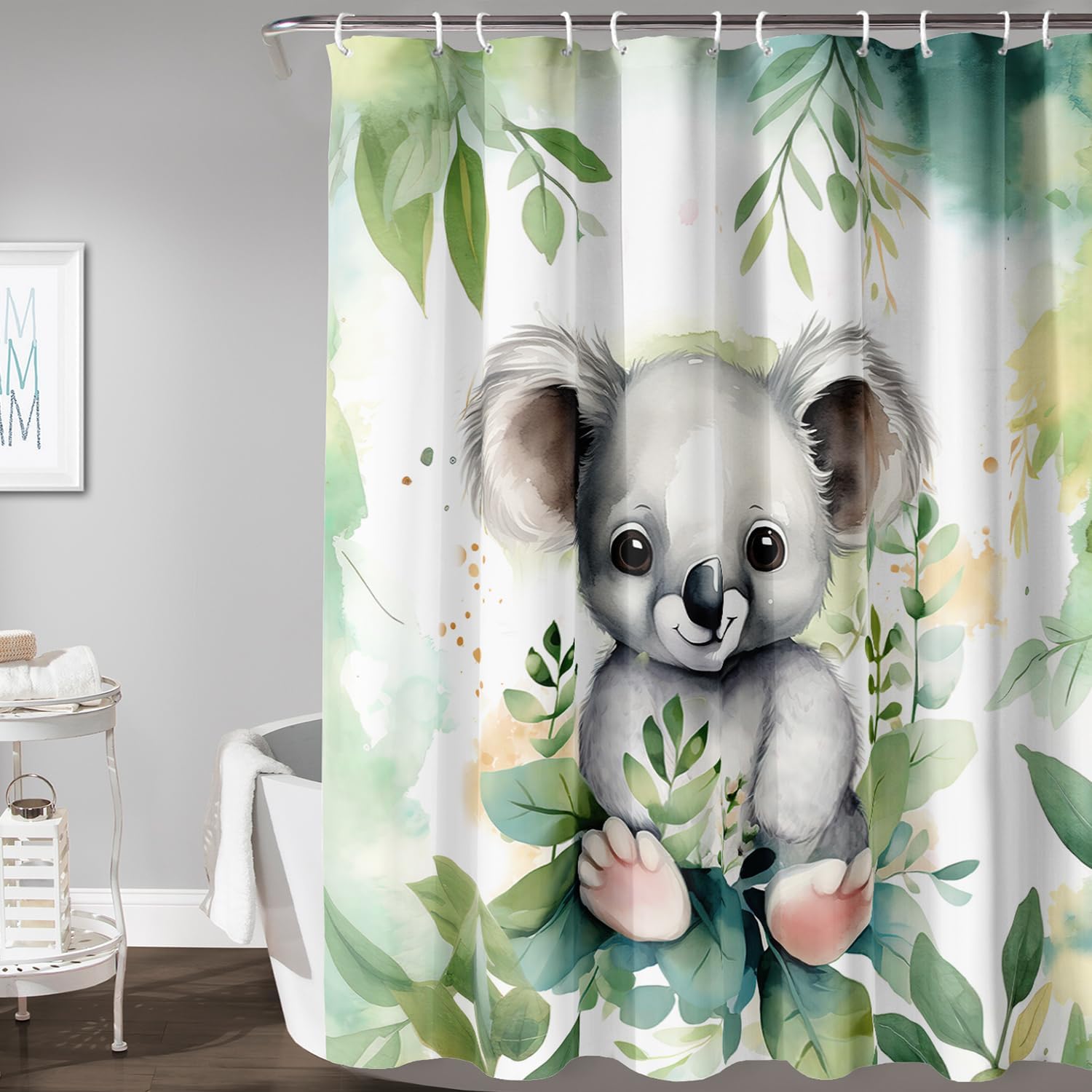 AILONEN Cute Koala Waterproof Shower Curtain for Bathroom,Watercolor Animal Themed Green Leaves Pattern Bath Curtain with Plastic Hooks, 72" W x 72" H