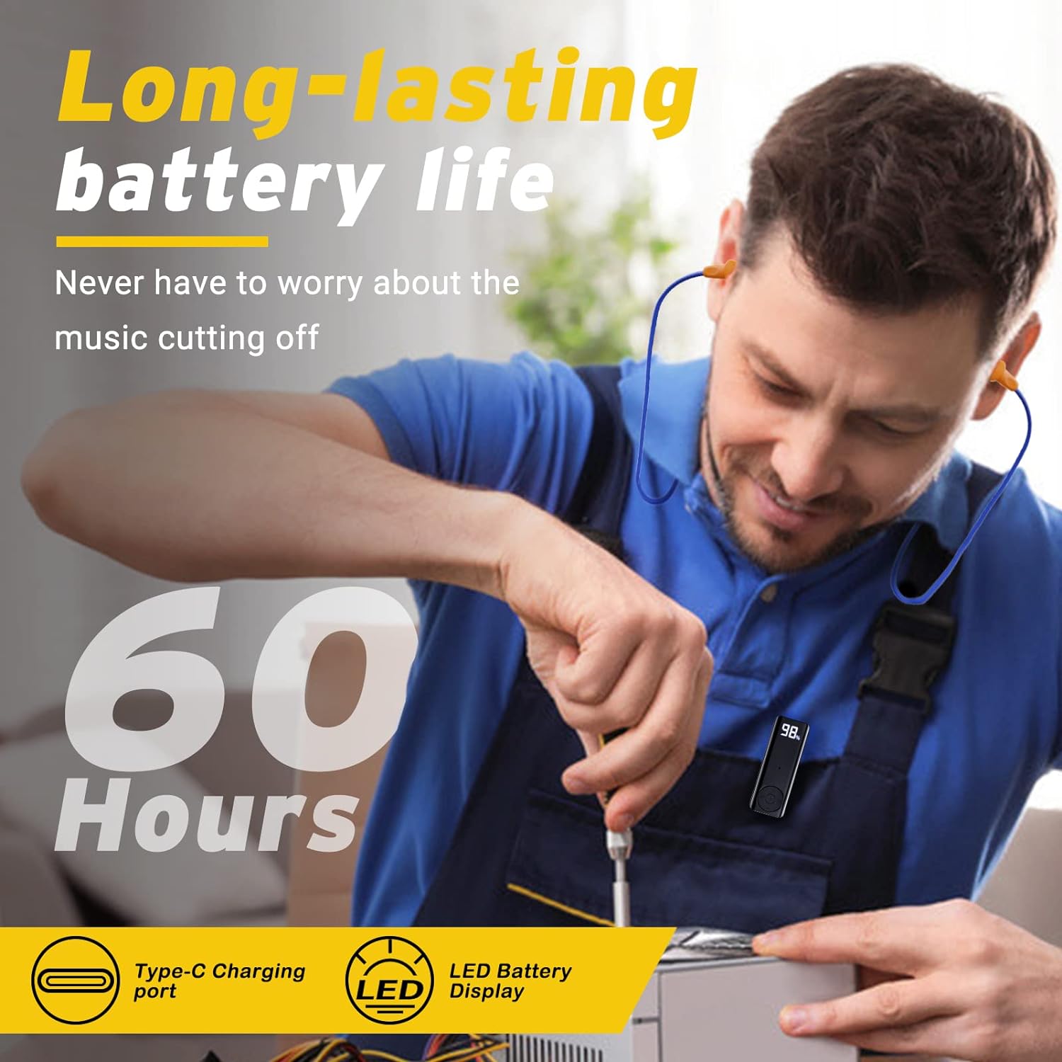 Bluetooth Ear Plugs Headphones for Work, Wireless Earbuds with 60H Battery Bluetooth Adaptor, Noise Cancelling Earplugs, Wireless Earphones with Mic & Control, for Motorcycle Riding Construction Work - Image 3