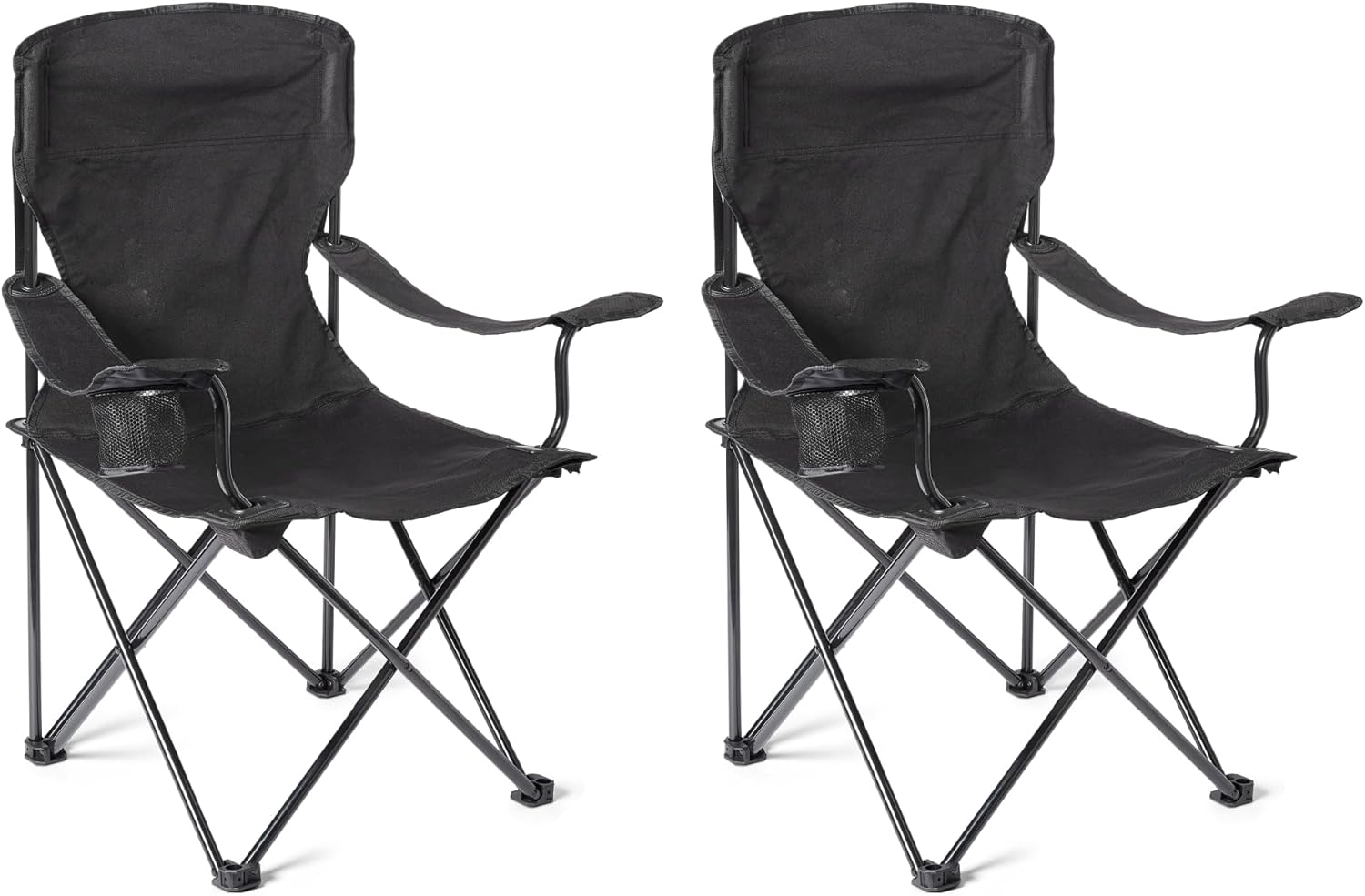 Amazon Basics Silla de Camping Plegable Portátil con Portavasos - Silla de Exterior con Marco de Acero, Resistente al Agua, con Bolsa de Transporte - 50,8cm x 71,1cm x 91,4cm - Negro - Pack de 2