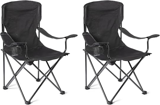 Amazon Basics Tragbarer Klappbarer Campingstuhl mit Getränkehalter - Outdoor-Stuhl mit Stabilem Stahlrahmen - Wasserfester Klappstuhl mit Tragetasche - 72,5cm x 52,5cm x 93,2cm - Schwarz - 2er Pack