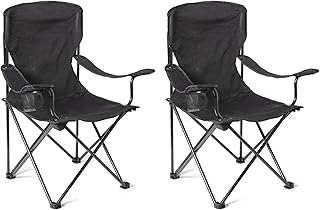 Amazon Basics Silla de Camping Plegable Portátil con Portavasos - Silla de Exterior con Marco de Acero, Resistente al Agua, con Bolsa de Transporte - 72,5cm x 52,5cm x 93,2cm - Negro - Pack de 2