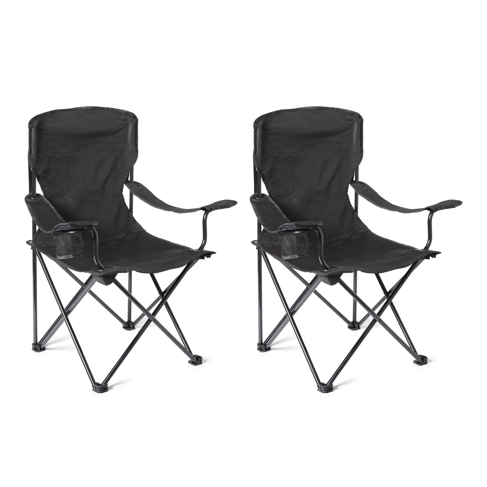 Amazon Basics Silla de Camping Plegable Portátil con Portavasos - Silla de Exterior con Marco de Acero, Resistente al Agua, con Bolsa de Transporte - 72,5cm x 52,5cm x 93,2cm - Negro - Pack de 2