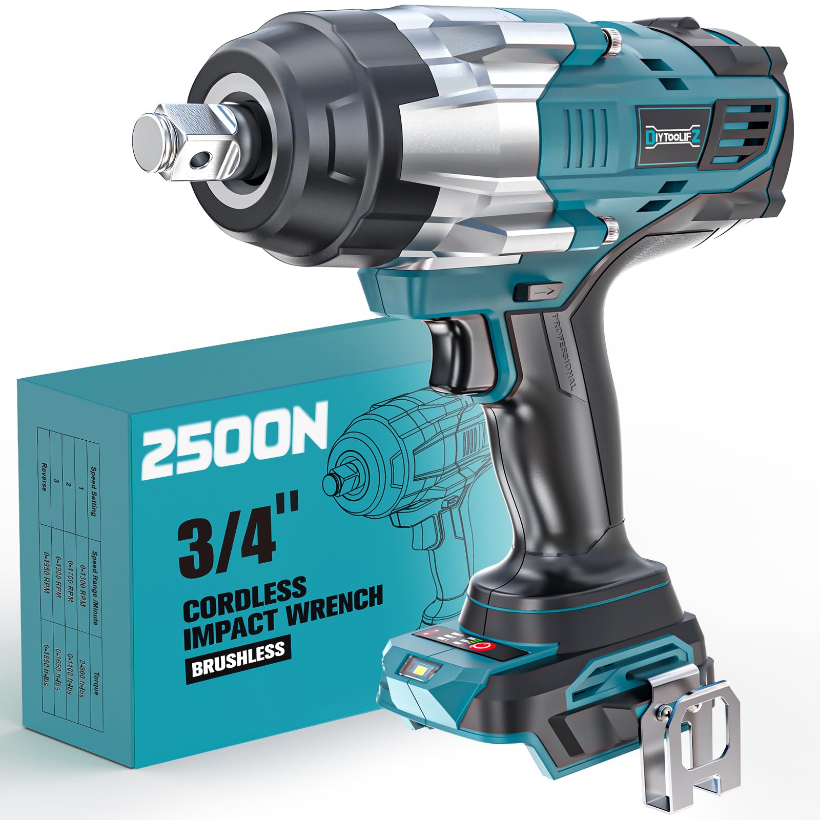 DIYtoolifz 3/4" Cordless Impact Wrench Compatible with Makita 18V Battery: 1850FT-LBS(2500N.m) High Torque Impact Driver, Auto-Stop Reverse, 4-Speed