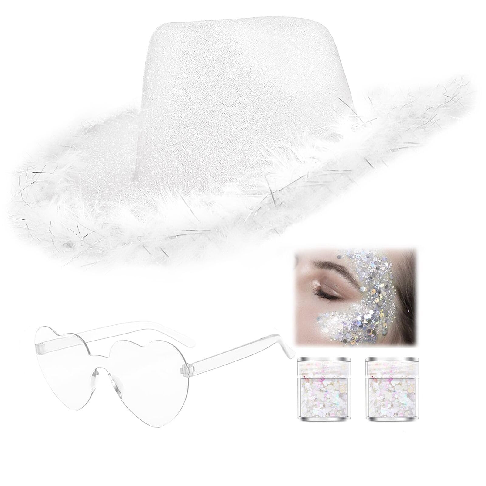 SHENYI Glitter Cowgirl Hat with Heart Sunglasses Body Glitter Face Glitter Cowboy Hat for Women Men Music Festival Party (White)