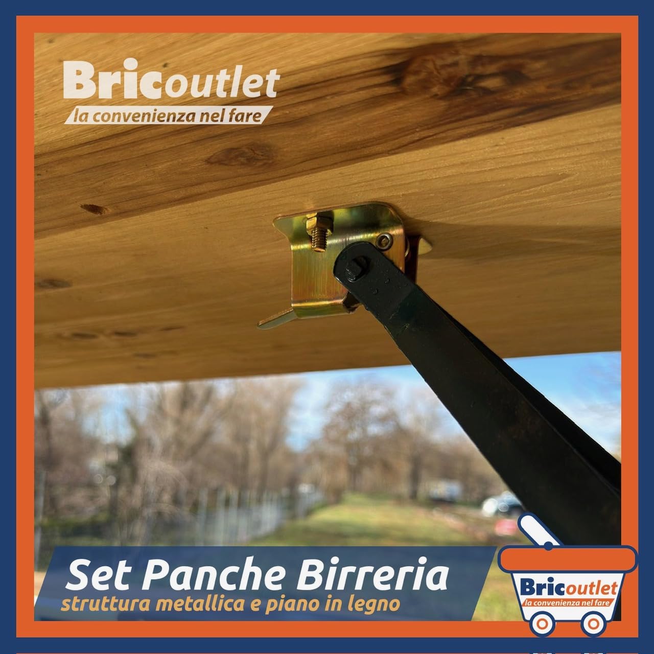 Set Birreria 2 Panche e Tavolo in Legno Naturale, Richiudibile, Salvaspazio 120x60cm