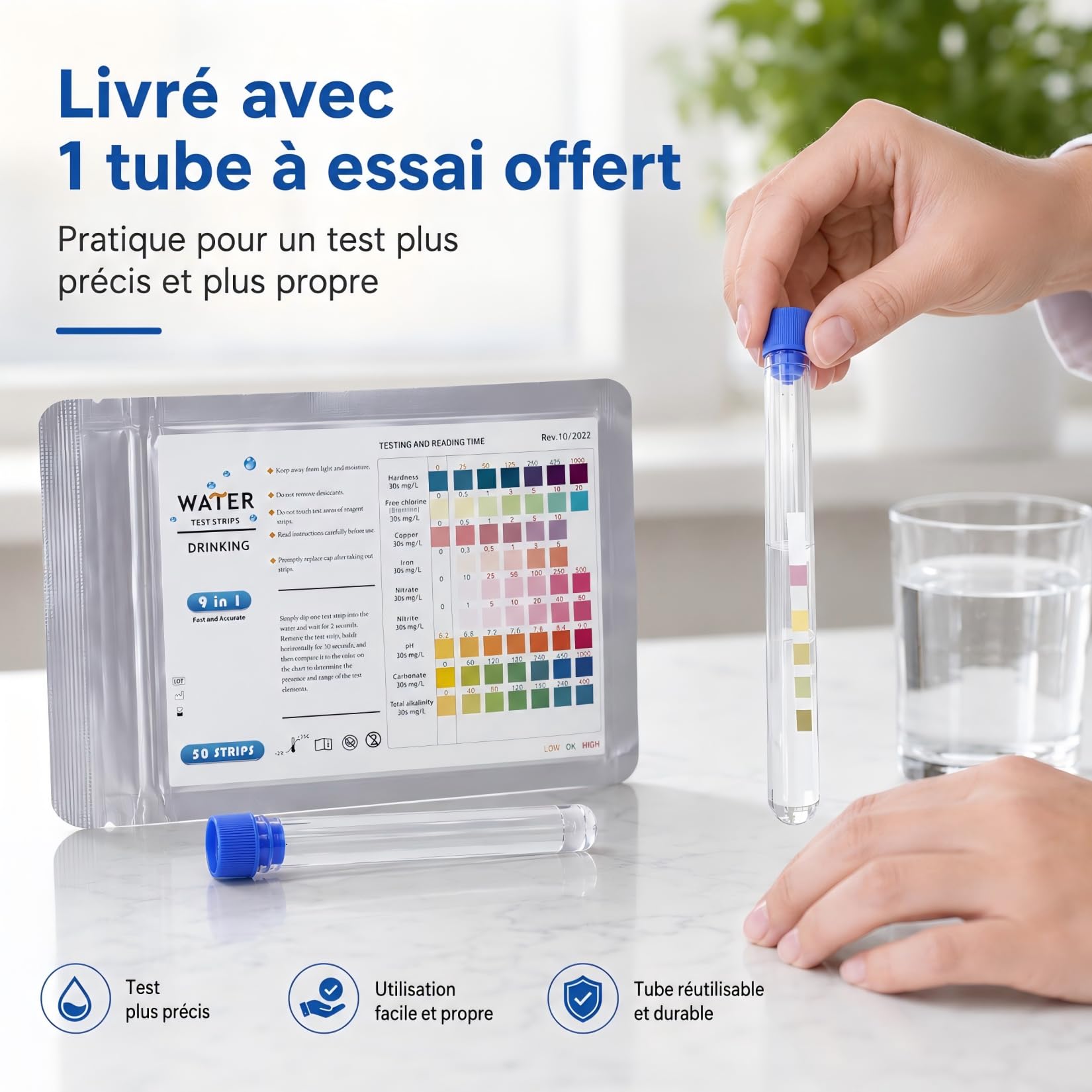Lot de 50 Bandelettes de Test 9 en 1 pour Piscine et Spa, Bandelettes Analyse pH Chlore Nitrites Dureté de l'Eau, Convient pour Eau Potable Aquarium, Livré avec 1 Tube à Essai Offert