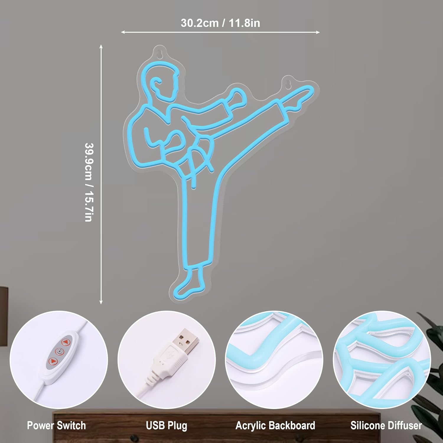 Ammonite Karate-Themed Decor, Pack of 2, Karate Player-Shaped Acrylic 3D LED Illusion Night Light + Dimmable LED Neon Wall Sign, Men Decor Light Birthday Christmas Gifts for Kids Boys Sports Fan