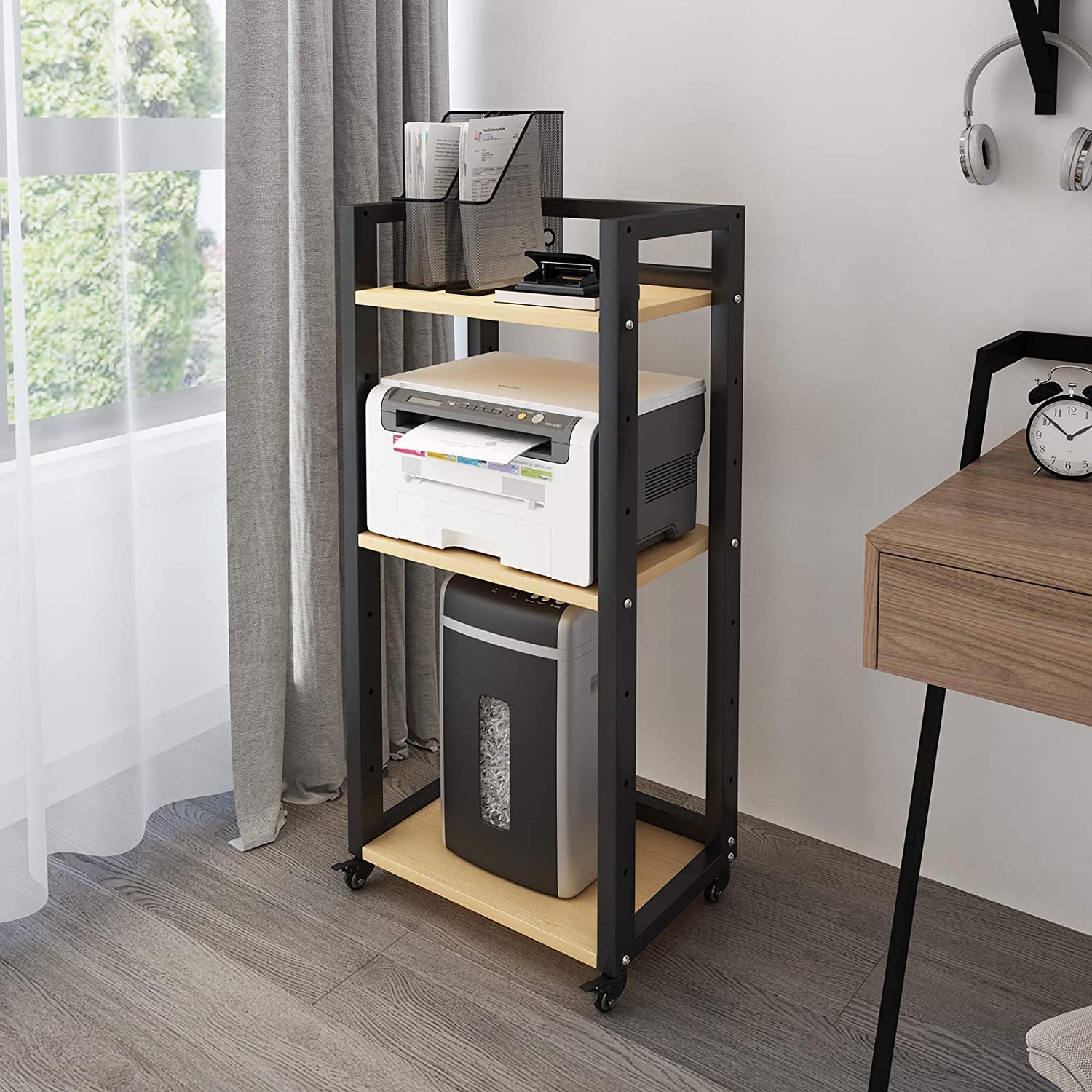 INDIAN DECOR XL65204 Movable Printer Stand 3-Tier with Storage Black Rolling Floor-Standing Deskside Shredder Computer Host Stand Adjustable Storage Shelf Rack on Wheels for Office Supplies-