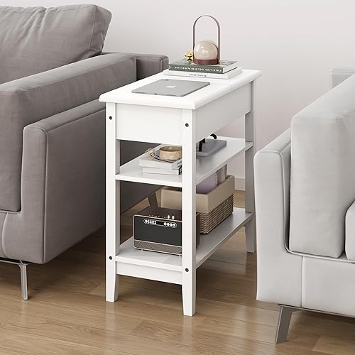 Miniatura 2 de Mesa auxiliar blanca, mesa auxiliar estrecha con estantes de almacenamiento, mesa de sofá abatible para sala de estar, espacio pequeño