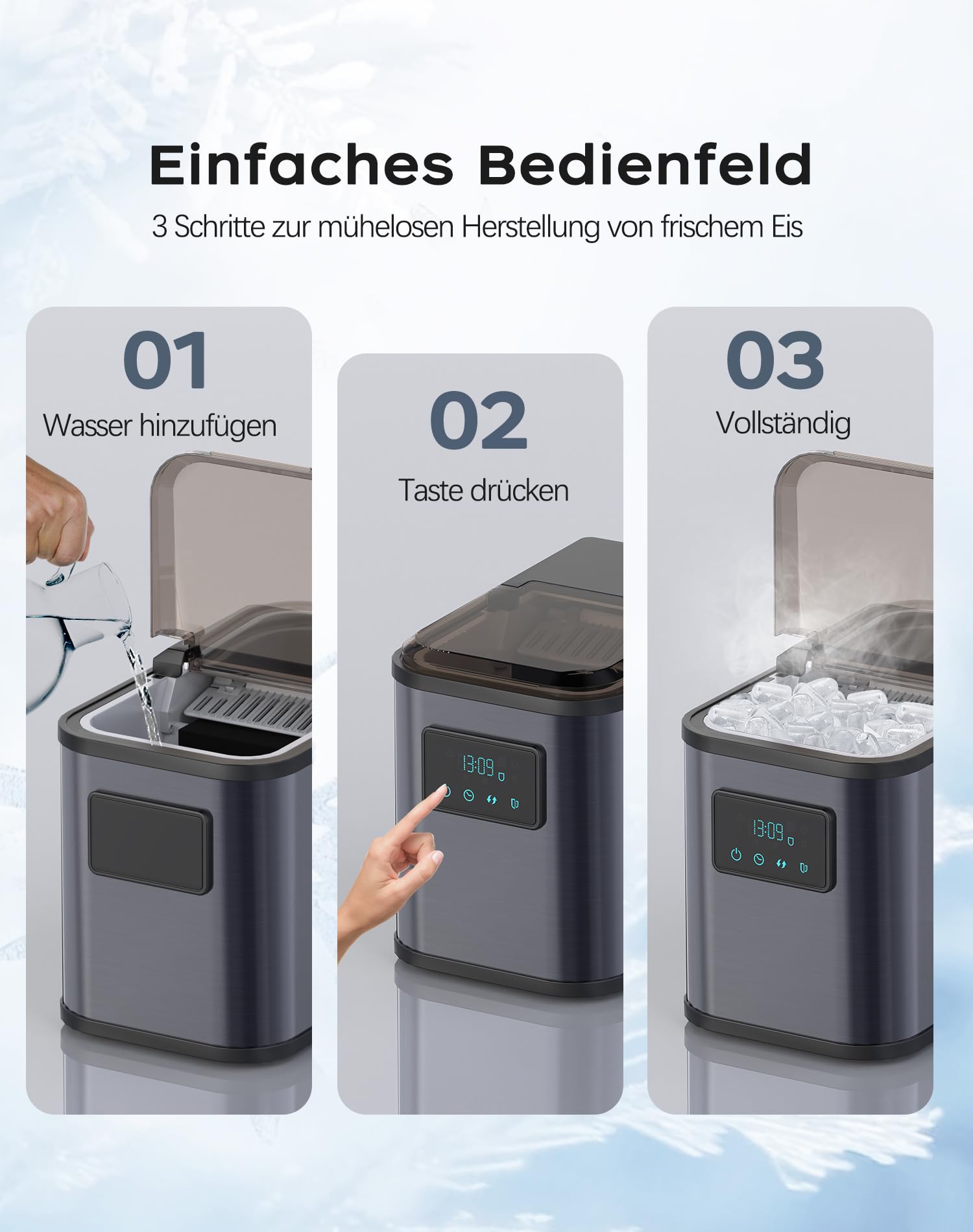Edelstahl Eiswürfelmaschine mit LED-Display Eismaschine Eiswürfelbereiter und Reinigungsfunktion 2L Wassertank inklusive Eisschaufel und Korb 2 Eiswürfel Größen für Küche, Büro, Bar und Party