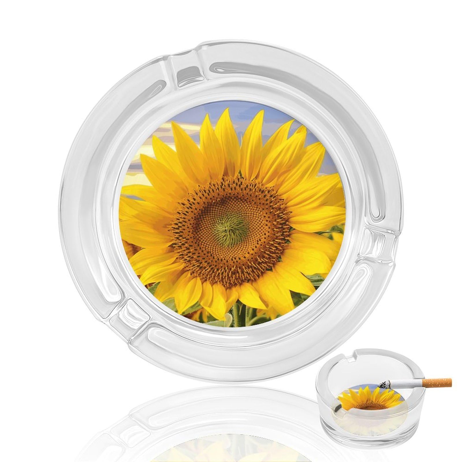 Golden Yellow Sunflower Glass Ashtray for Cigarette,Cigarette Ashtray for Indoor Or Outdoor Use,Cigar ash trays case with 3 Notches-Glass Decor Gift for Men Smokers