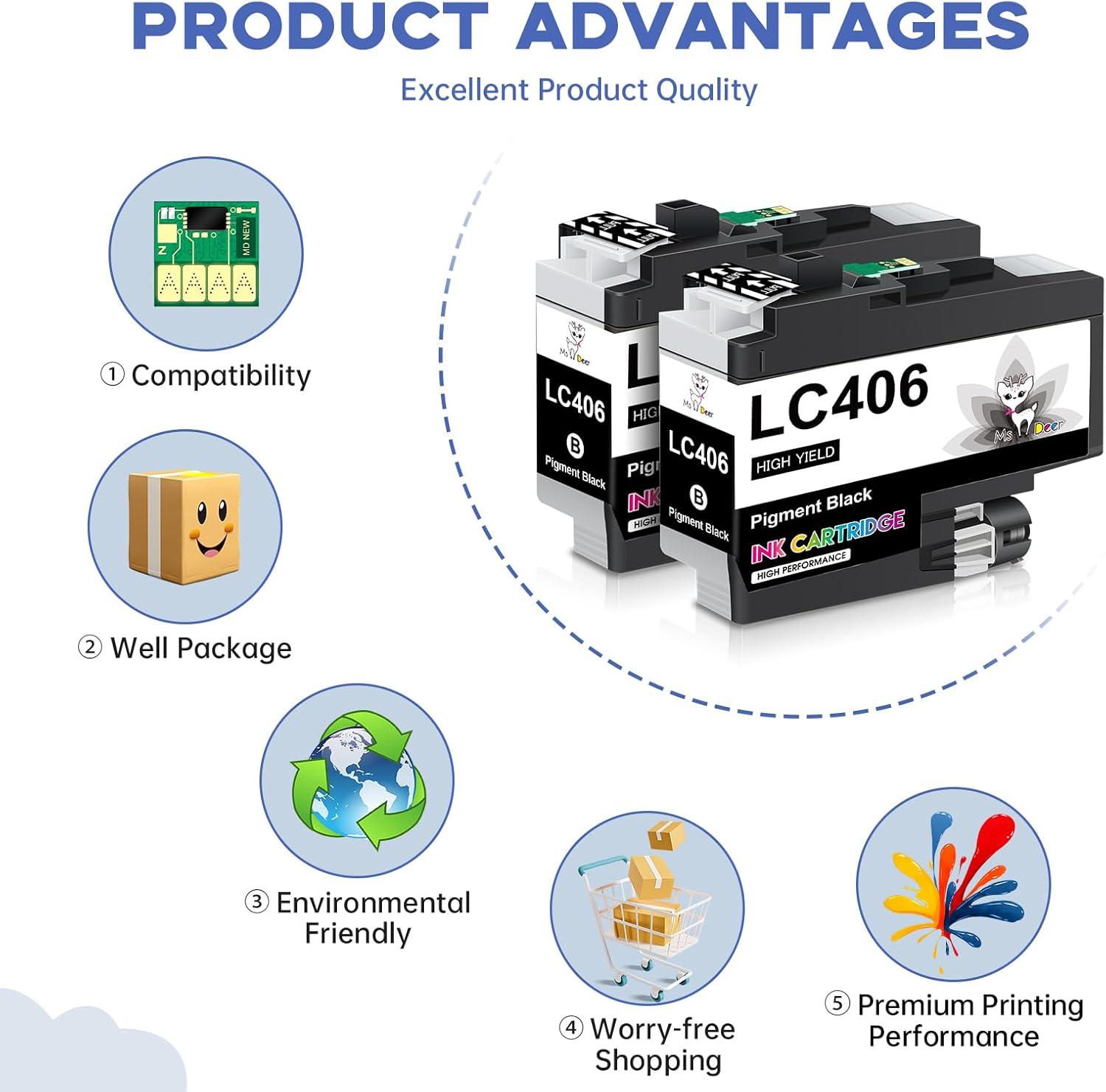 Miss Deer LC406 Black Ink Cartridges, High Yield Compatible for Brother LC406XL LC406 Black Work for Brother MFC-J4335DW MFC-J4535DW MFC-J4335DW MFC-J5855DW MFC-J6555DW MFC-J6955DW Printer,2 Pack