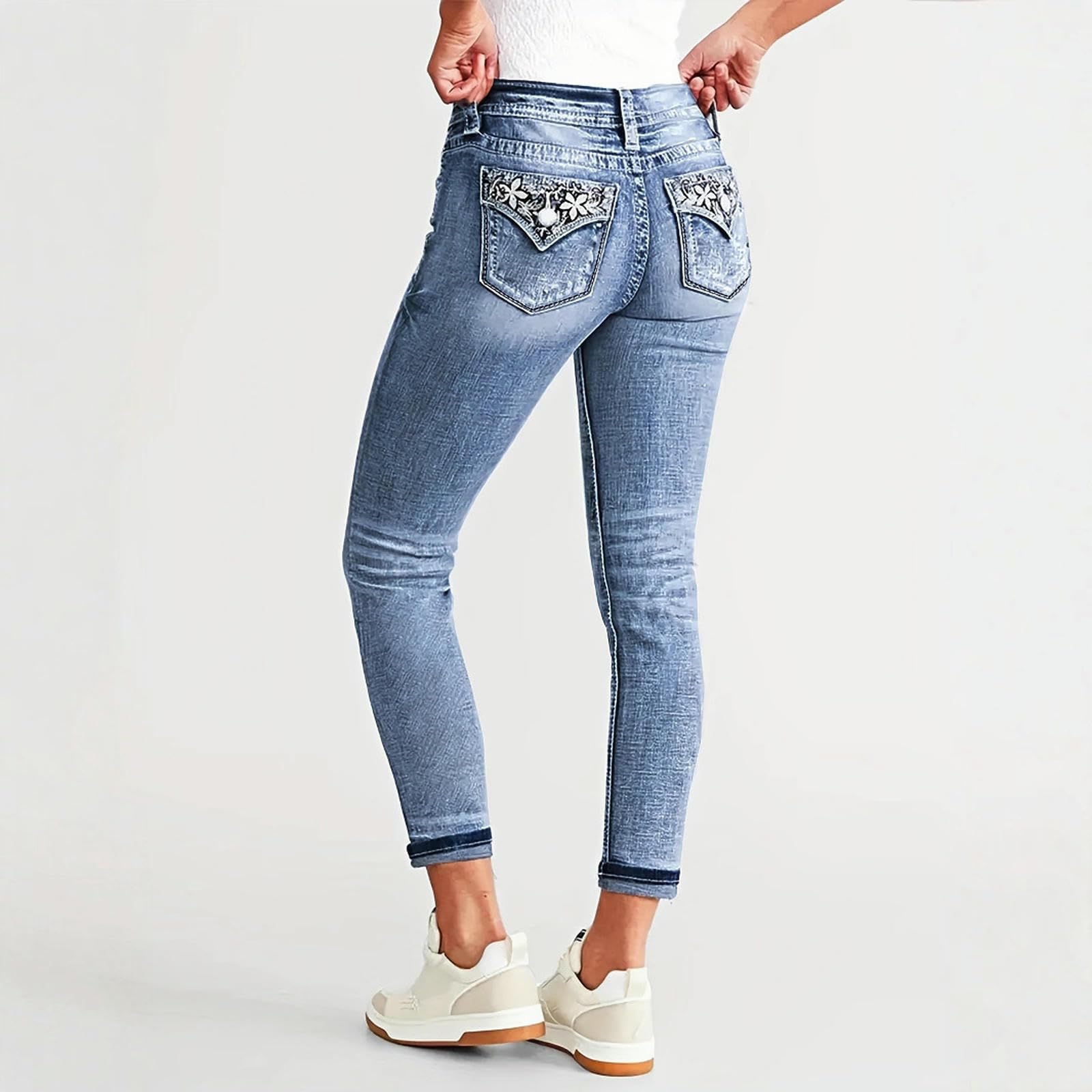 Jeans Donna da Tasca Ricamato Donna, Skinny alla Moda-Blu Scuro-XL