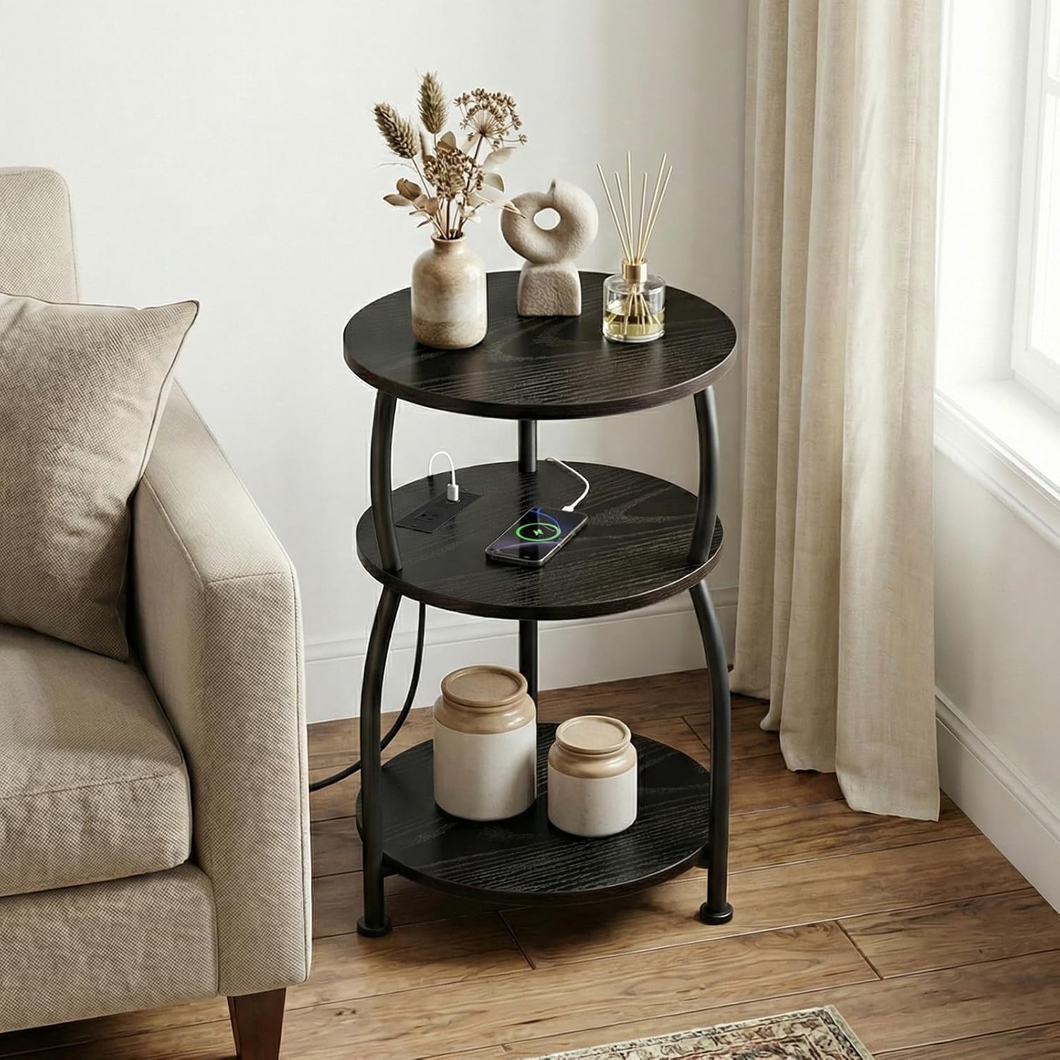 Round Side Table with Power Outlet, USB Type C Port, 3-Tier End Table image 4