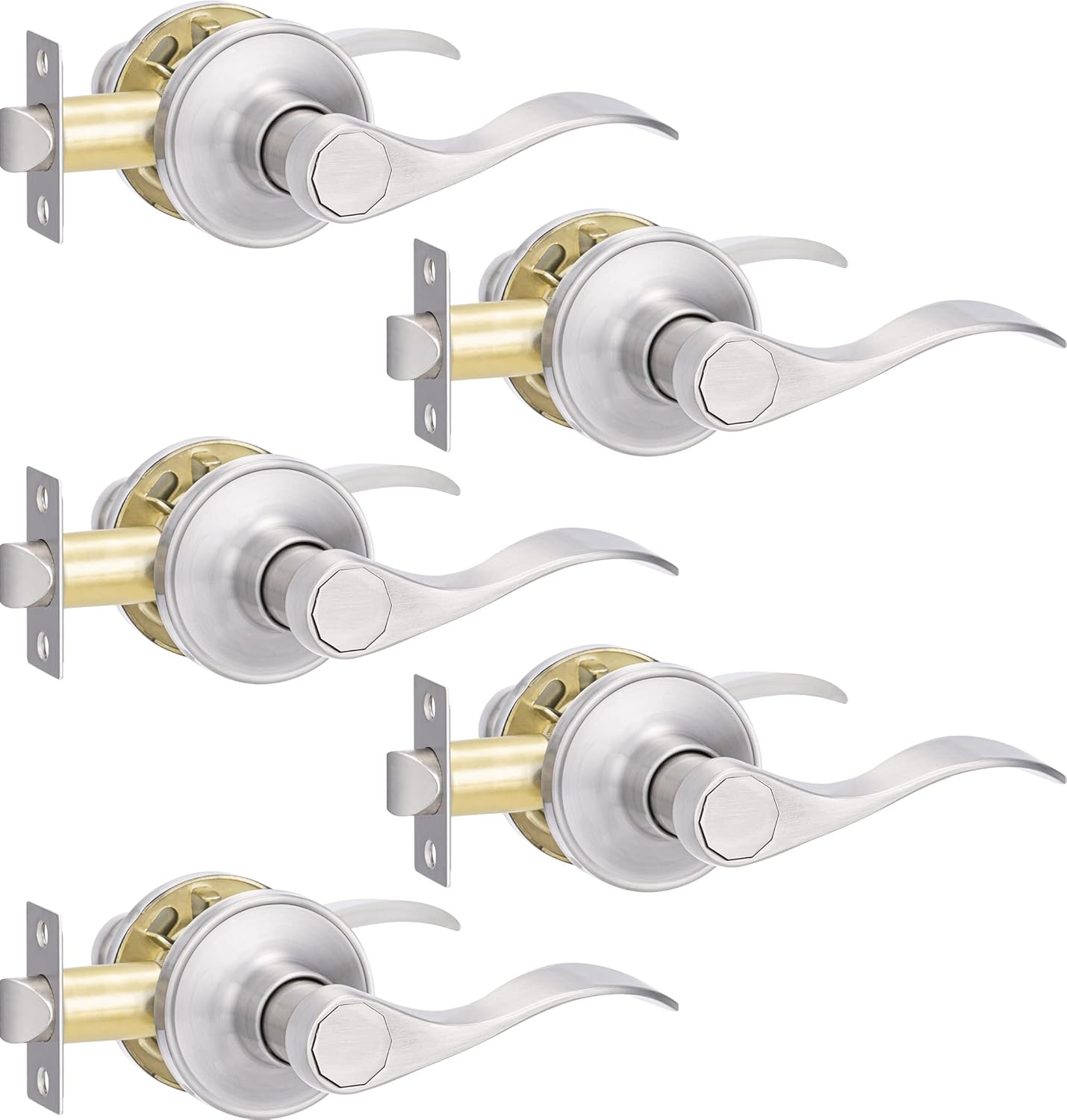 5 Pack Passage Door Handle, Brushed Nickel Keyless Door Lever with Lock, Interior Door Lever fit for Interior Door and Closet, Bathroom, Bedroom, Wave Style Passage Door Lock, Satin Nickel…