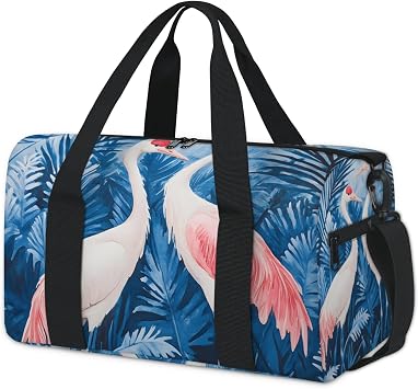 Gym Bag for Women Men Pink Crane Weekender Overnight Workout Travel Duffle Sports Tote Tropical Plant Waterproof Foldable Sports Bag