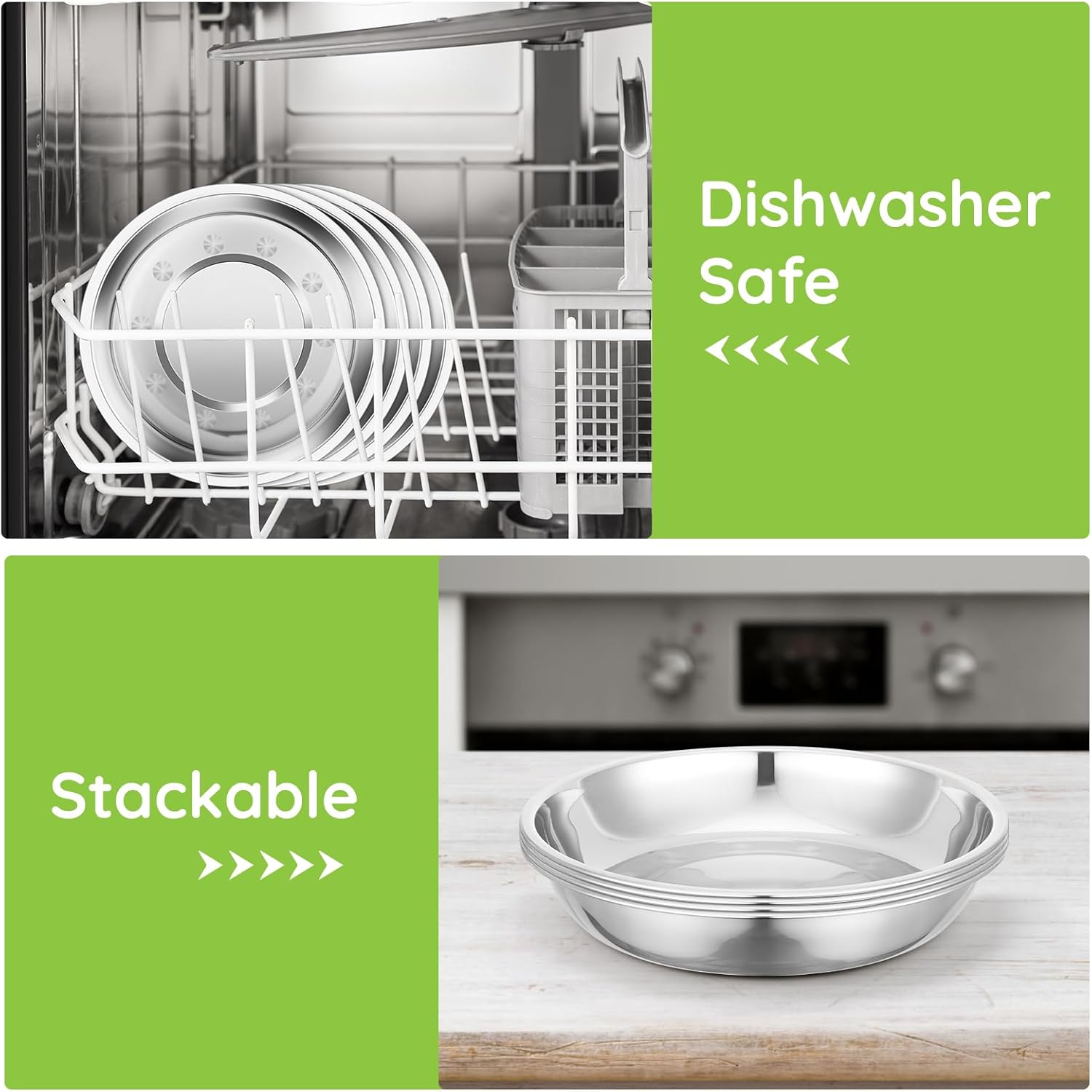 8 Patterned Deep Stainless Steel Plates, 7.8 inch 201 Metal Camping Plate, Reusable Food Serving Dish Snack Eating Dishes Round Shatterproof Silver BBQ Dinner Dinnerware Oven Dishwasher Safe