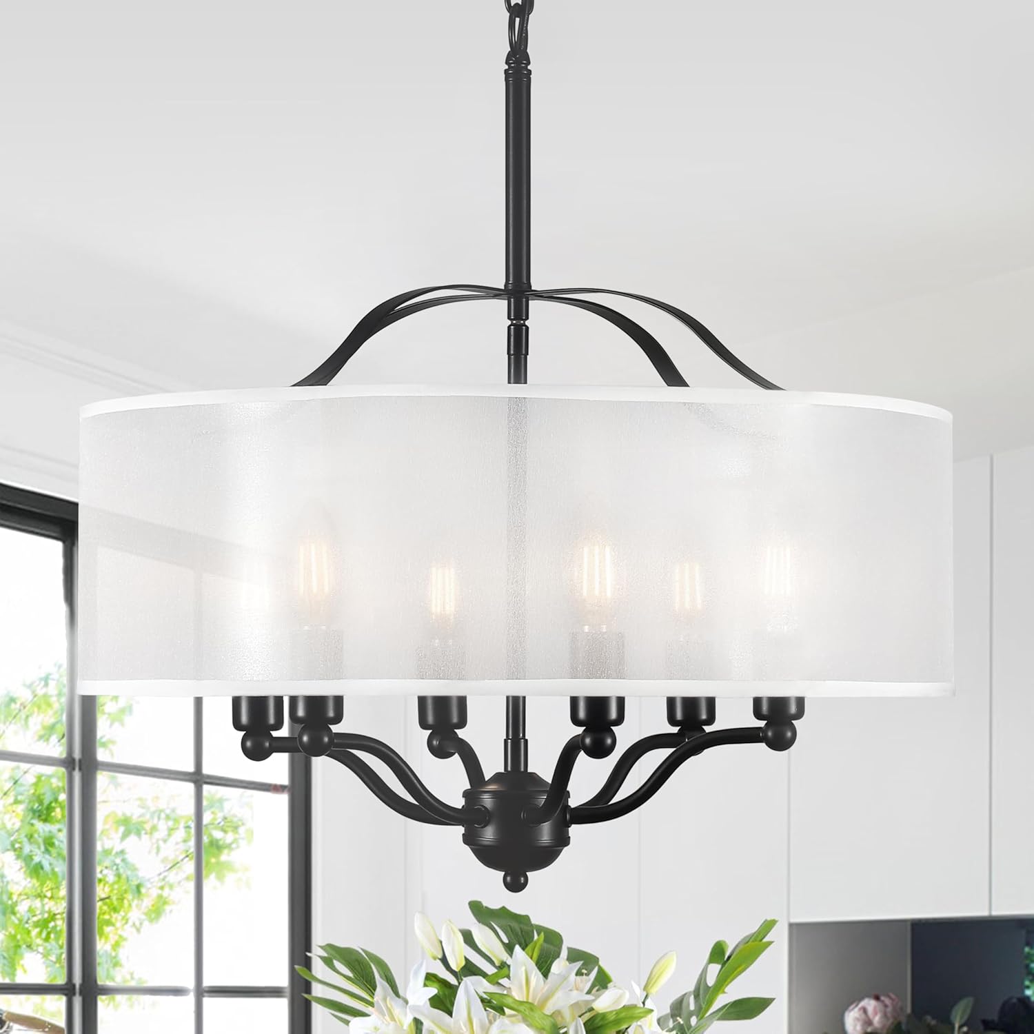 19.7" Drum Chandeliers for Dining Room, 5-Light Black Large Drum Light Fixture with White Fabric Shade, Hanging Pendant Light for Bedroom Living Room Foyer Entryway Kitchen