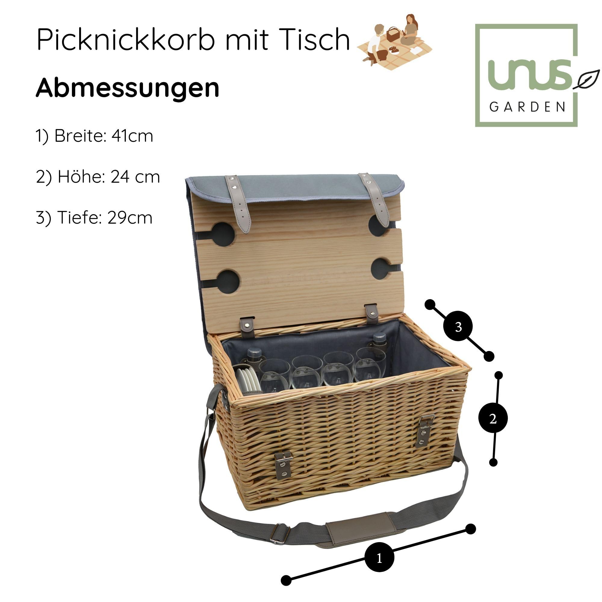 UNUS Picknickkorb 4-Personen 33-teiliges Komplettset mit Serviertisch, Picknickdecke und Geschirr