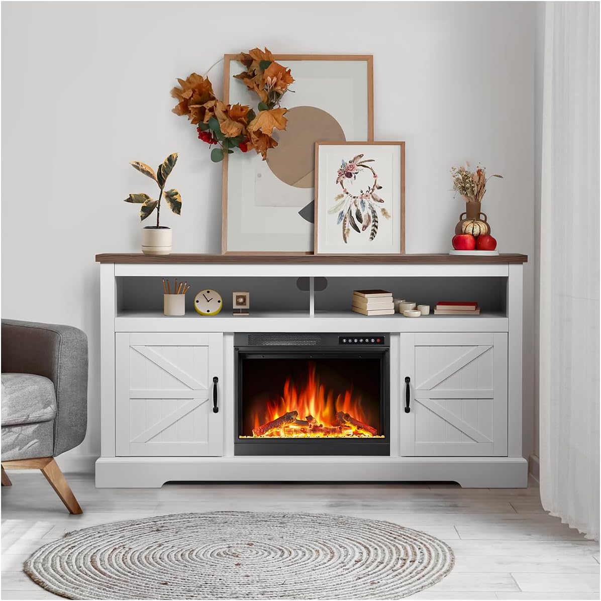 JAMFLY Electric Fireplace TV Stand Wood Mantel for TV Up to