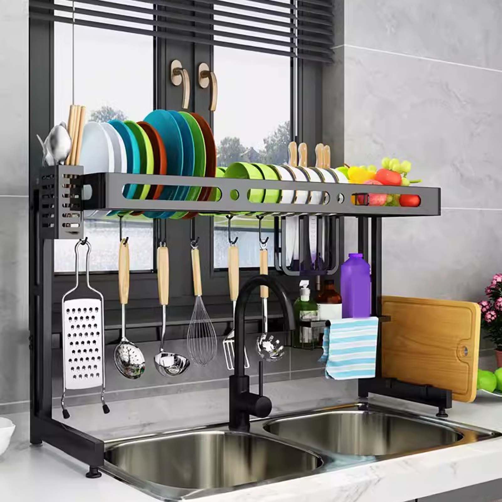 SDVantage Large Stainless Steel Dish Rack Over Sink 85X28X51Cm Kitchen Drying Rack with Utensil Holder Spacesaving Dish Drainer for Kitchen Sink Durable Stylish，65X28X51Cm