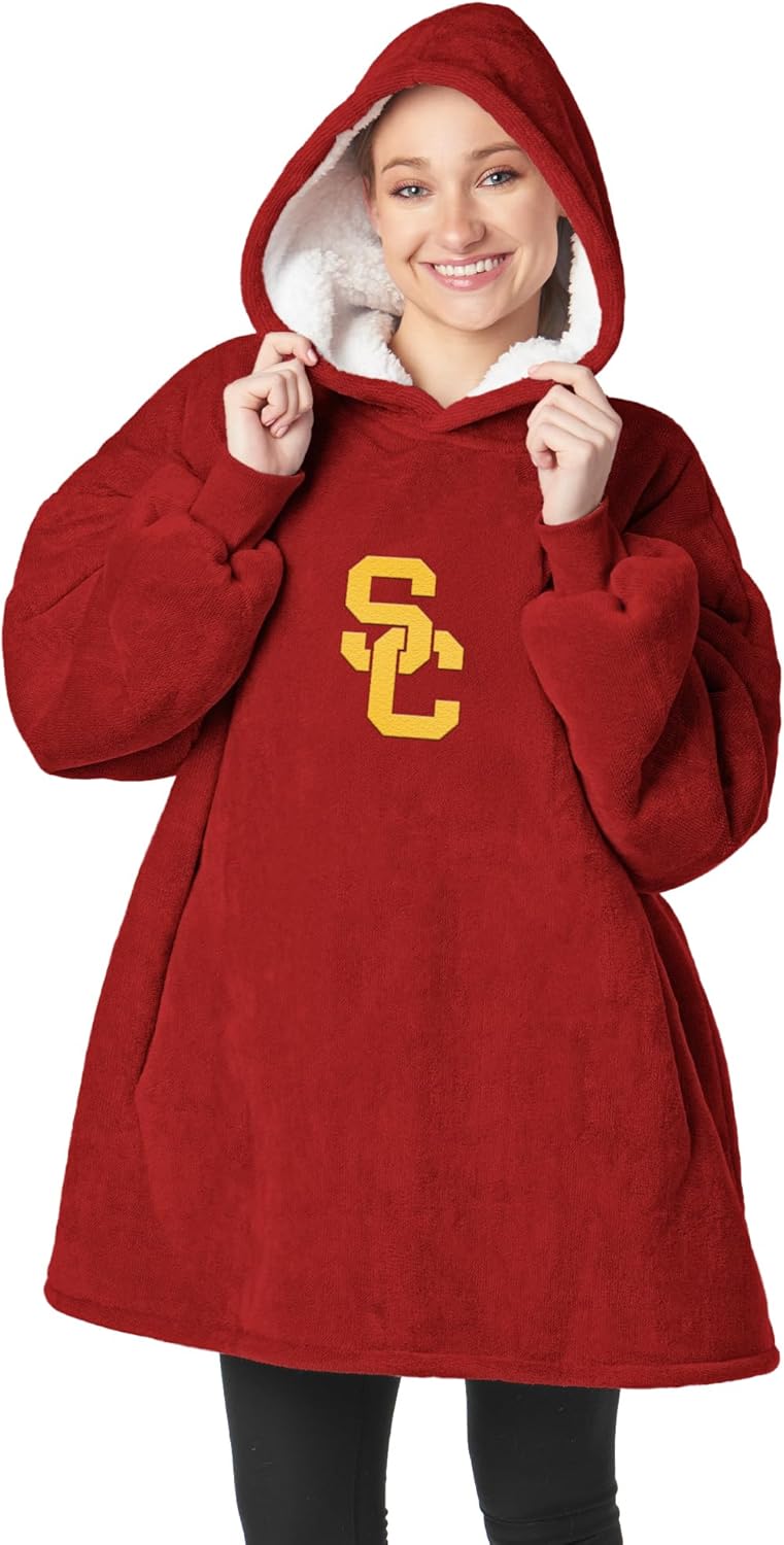 Northwest NCAA USC Trojans Hoodler Oversized Sherpa Pullover, Embroidered Logo,Plush Wearable Blanket Sweatshirt, Soft Fleece with Front Pocket, One Size Fits Most
