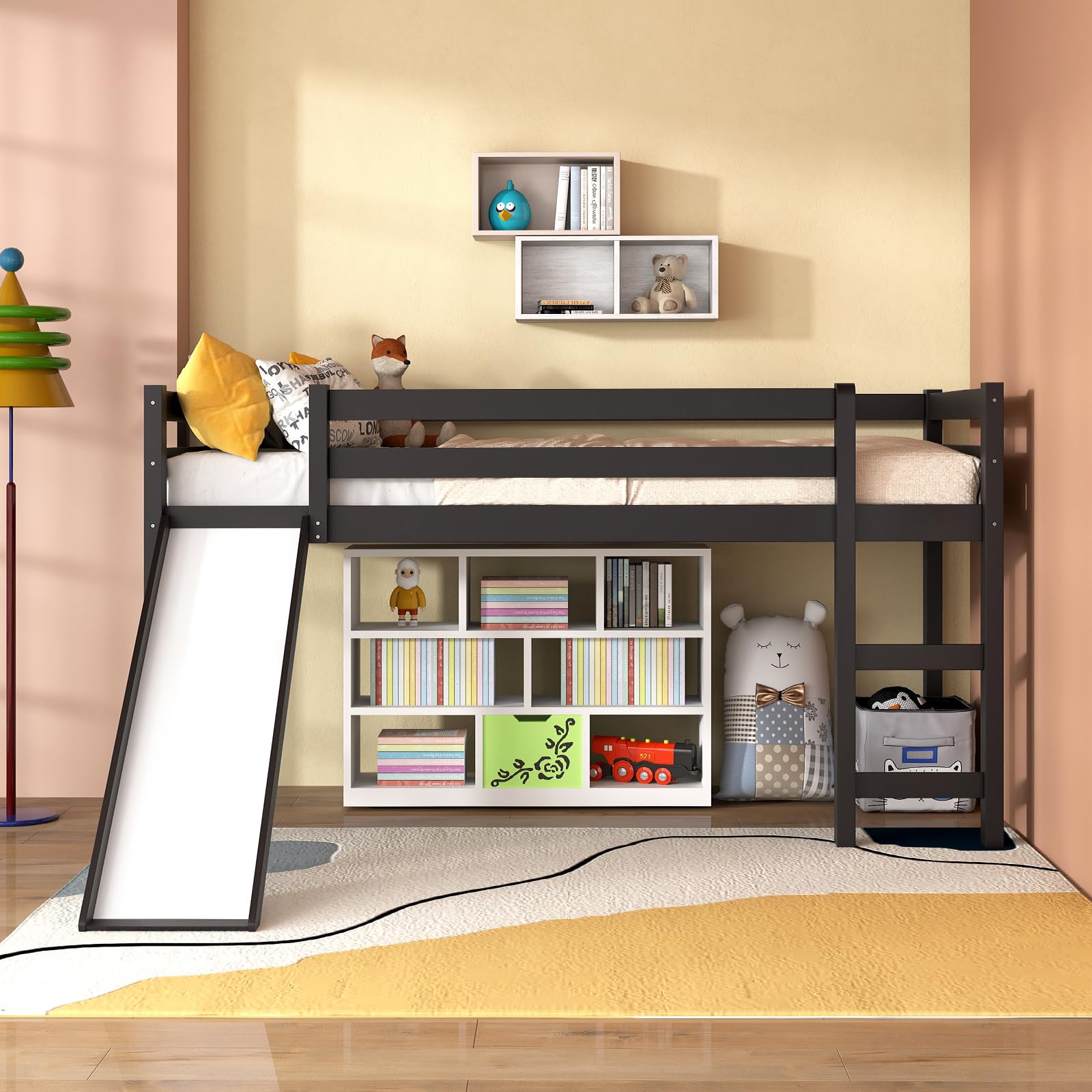 IFANNY Loft Bed with Slide, Solid Wood Low Loftbed Twin Size with Storage and Ladder, Wooden Bedframe with Safety Guardrails, Twin Loft Bed for Kids Boys Girls Teens, No Box Spring Needed (Espresso)