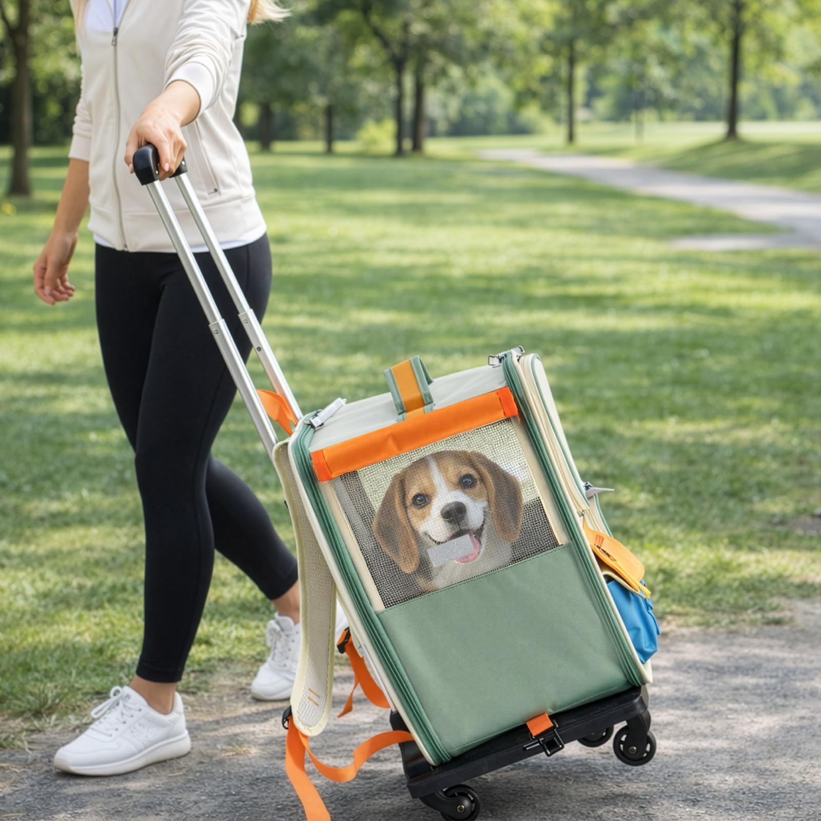 2 in 1 Haustier Rucksack mit Rollen Faltbare Transporttasche für Katze und Hund Trolley Tragetasche aus Oxford Gewebe mit abnehmbarem Teleskopgriff bis 12.5 kg