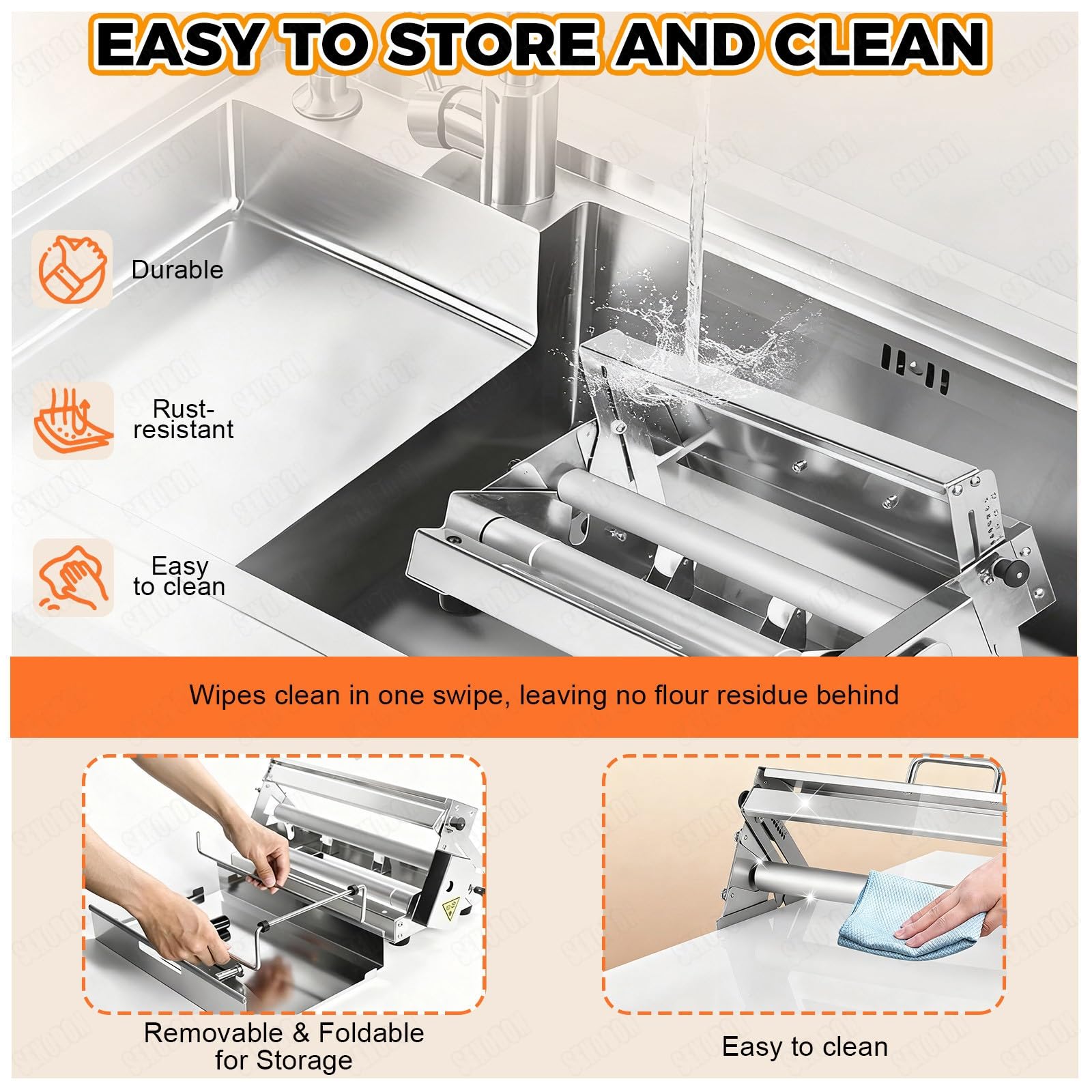 Máquina Laminadora de Masa Manual Plegable - Rodillo de Acero Inoxidable para Pastelería y Fondant, Ideal para Pizza y Croissants, con Grosor Ajustable, Equipo de Panadería Comercial
