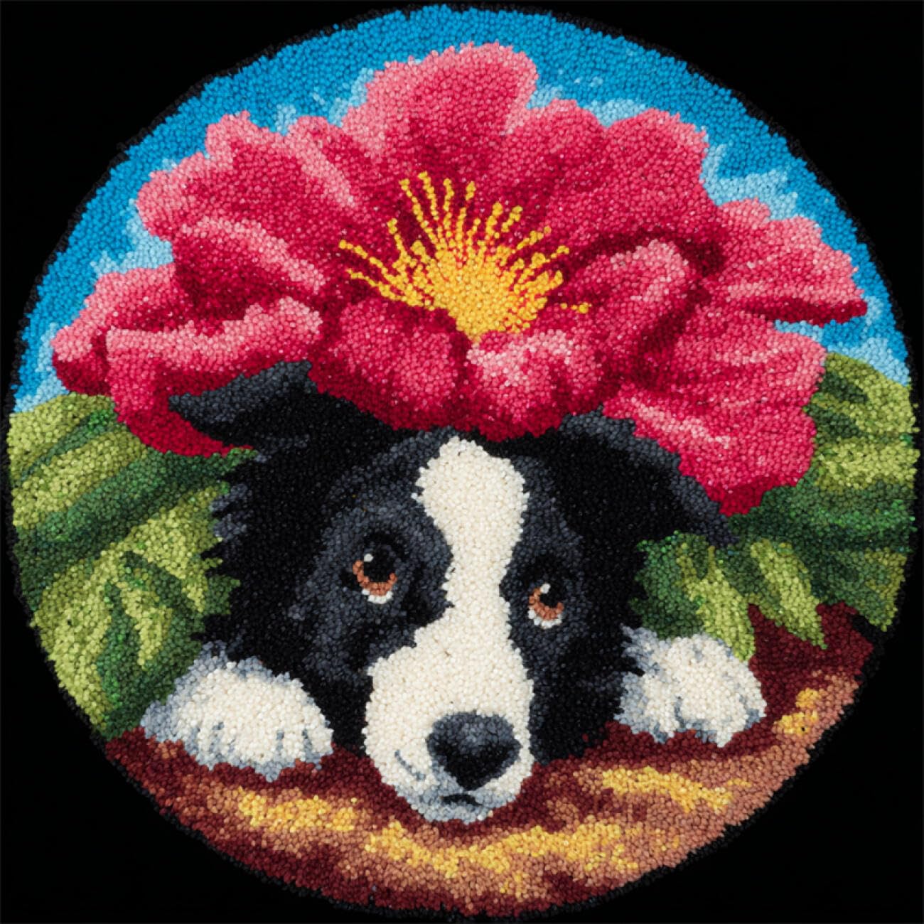 Kitquiver Dog Animal Latch Hook Cushion Kits Border Collies and Flowers Latch Hook Kit for Beginners，Tapestry Carpet Latchs Set for Adults Self Knotting Set DIY Craft Kits 80x80cm
