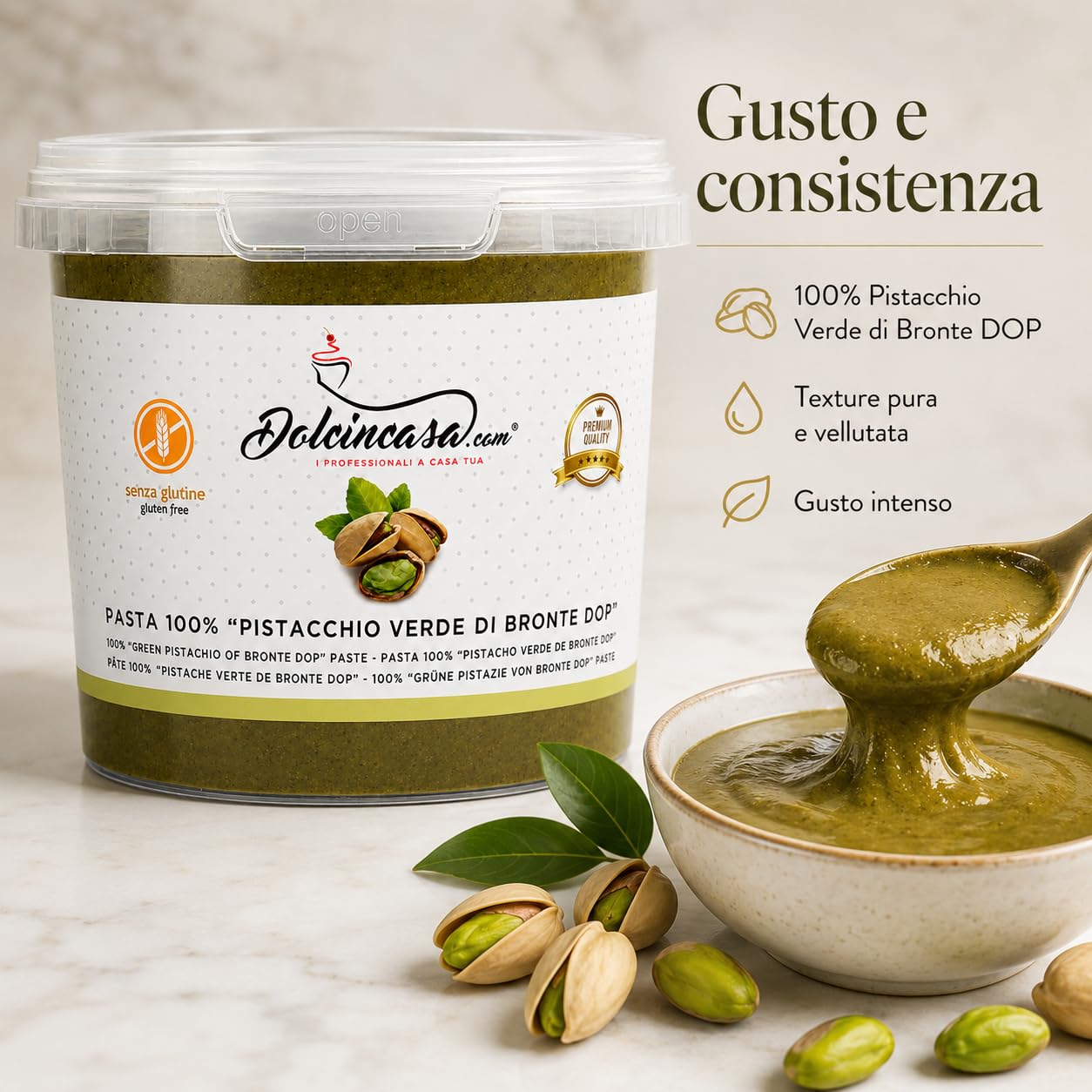 Dolcincasa Pasta Pura di Pistacchio Verde di Bronte DOP 100% - Senza Coloranti e Aromi Aggiunti - Per Gelato Artigianale, Creme, Dessert e Pasticceria Professionale - 500 g