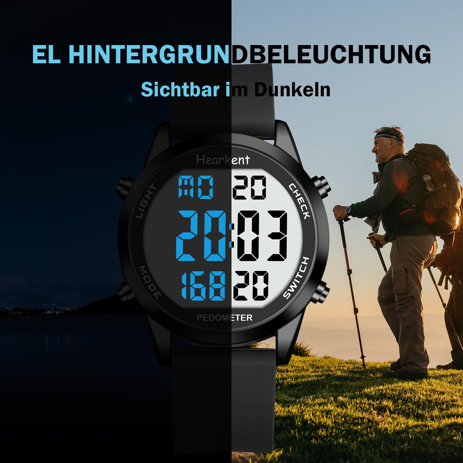Hearkent Contapassi orologio senza Bluetooth, senza app contapassi, orologio impermeabile da 30 m, con numeri grandi LCD, contapassi per anziani, con conto alla rovescia, sveglia, contapassi