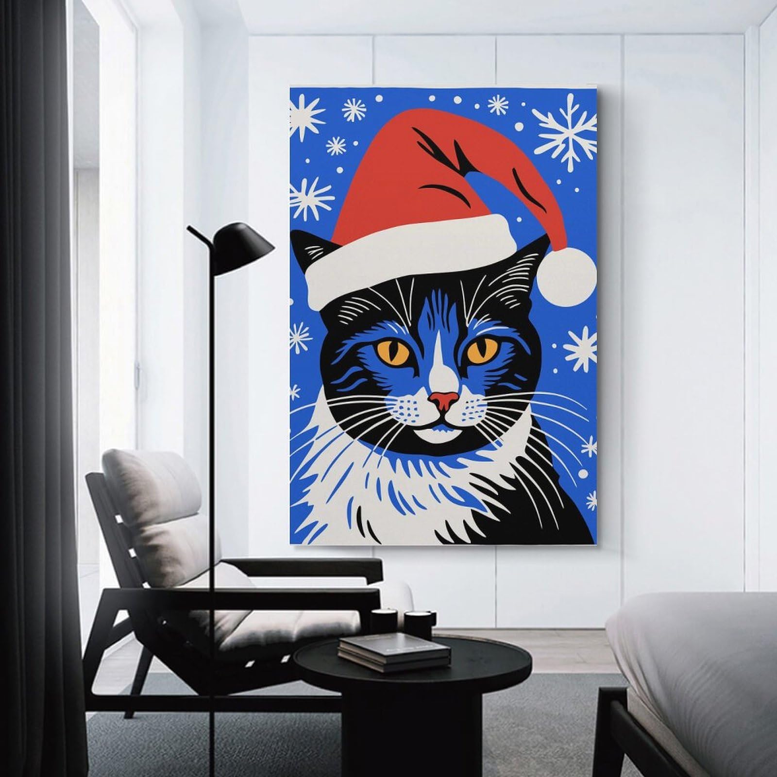 Junmoney Decorative Wall Artwork Cat in Santa Hat, 20x30inch(50x75cm), for Living Room, Lounge Or Sitting Room, Modern Wall Decor for Cosy Interiors