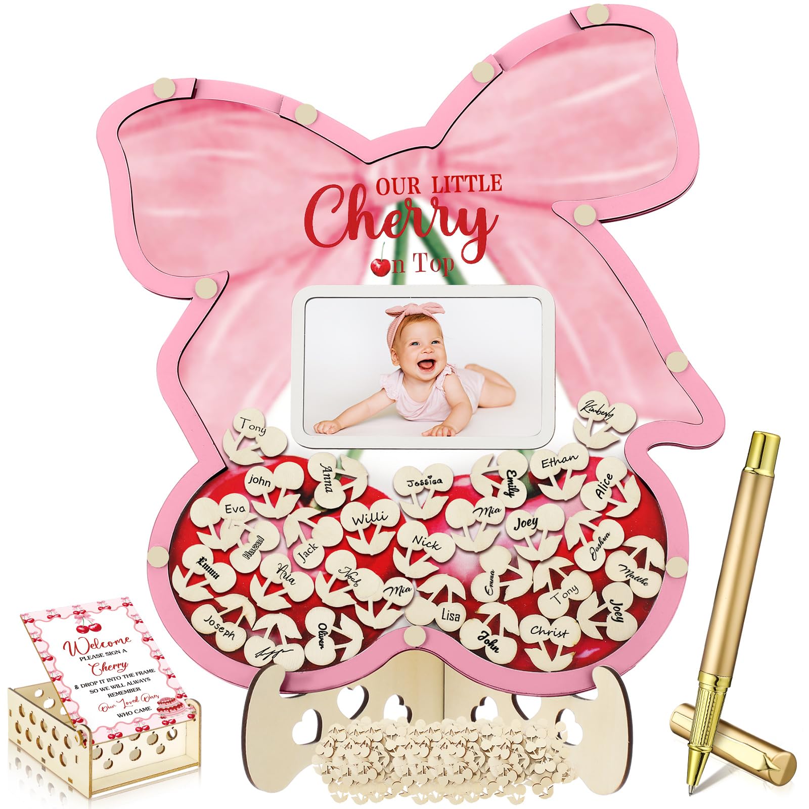 Wenqik 63 Pcs Cherry Baby Shower Guest Book,Pink