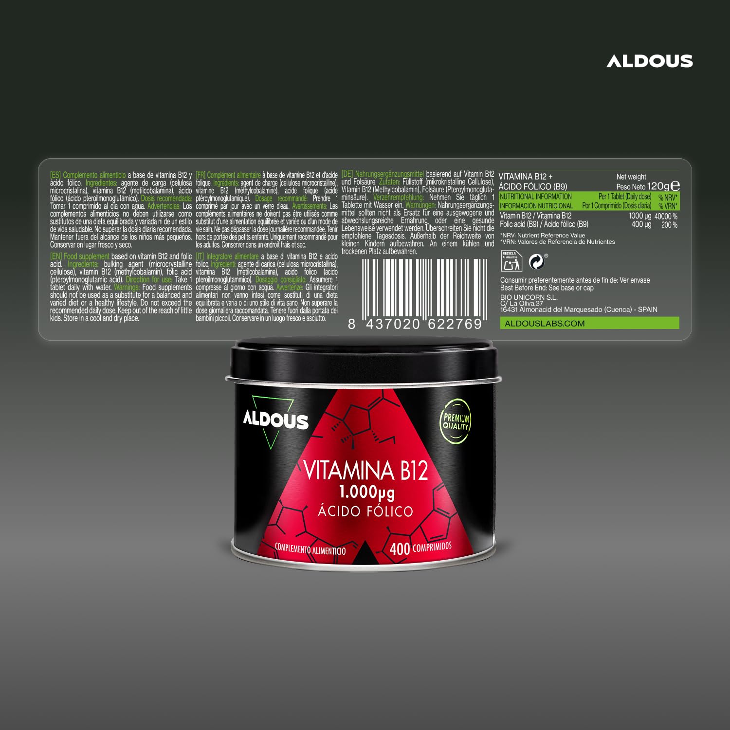 Vitamine B12 Vegan 1000mcg Haute Dose + Acide Folique - Énergie, Immunité, Fatigue, Métabolisme & Système Nerveux - 400 Comprimés B12 Méthylcobalamine Pure & Biodisponible - Vitamine Adulte - ALDOUS