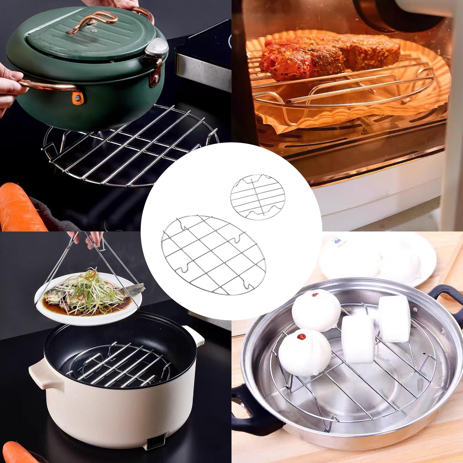 Juego de 2 estantes de cocina multiusos de acero inoxidable para hornear, asar, cocinar al vapor y enfriar, formas redondas y ovaladas incluidas. 5