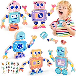 HGRGHH Montessori Wooden Building Blocks Toy from 3 4 5 6 Years, DIY Robot Construction Toy with Buttons, Fine Motor Skills Toy Children, Wooden Toy Gift for Boys and Girls