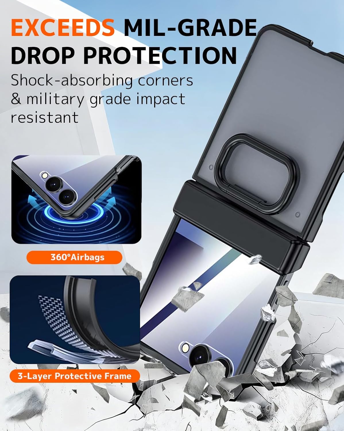 NINKI for Samsung Galaxy Z Flip 7 Translucent Case,[Ring][Built-in Screen Protector][Hinge Protective] Shockproof Heavy Duty Rugged Translucent Matte Phone Case for Samsung Galaxy Z Flip 7 Black