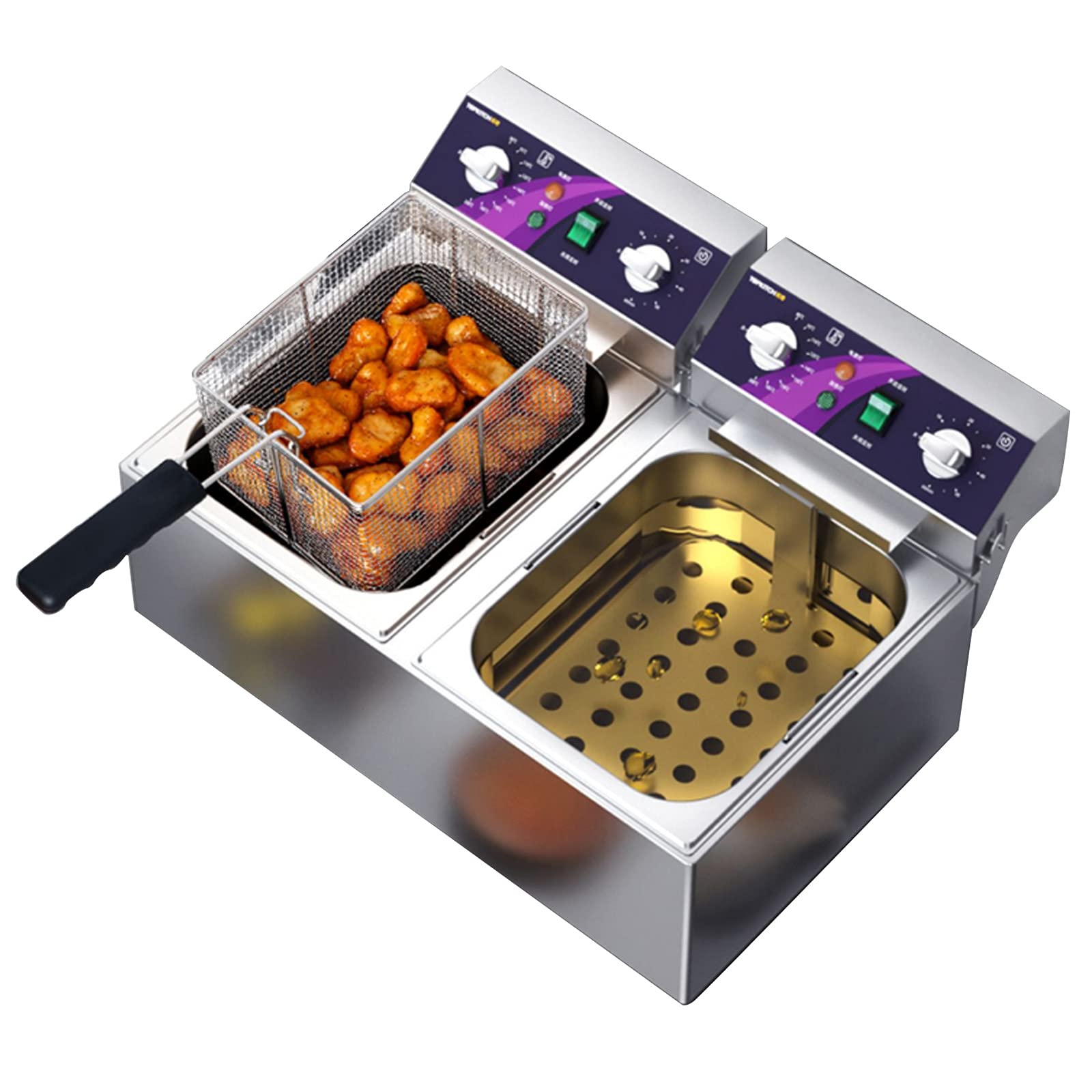 Freidora Industrial de Acero Inoxidable con Doble Tanque y Control de Temperatura, Fácil Limpieza (20L)