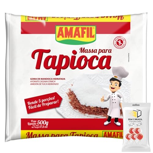 Amafil - Paquete de harina de tapioca de 17.64 oz, 17.6 onzas, paquete de Massa Para Tapioca con caramelos de disco duro de frutas 2DAY BRAZIL