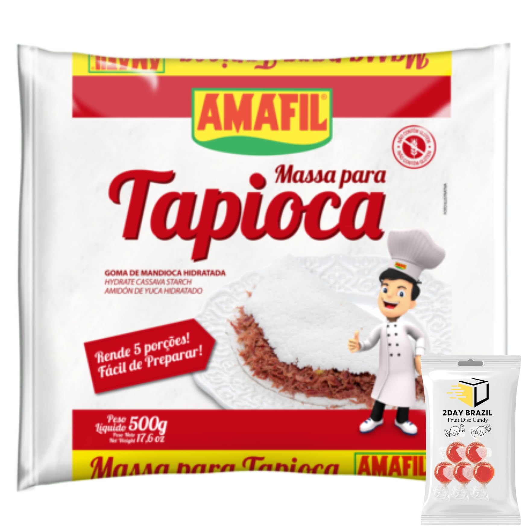 Amafil Tapioca Flour 500g 17.6oz Massa Para Tapioca Pack Bundle With Fruit Hard Disc Candy