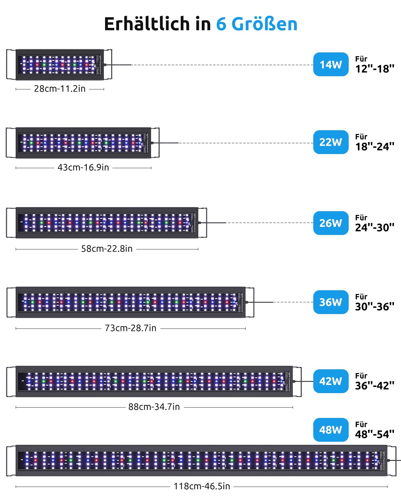 SEAOURA Aquarium Lampe mit Temperaturalarm, 90-106cm Vollspektrum LED, 24/7 programmierbar mit Speicherfunktion, WRGB individuell, 20 dimmbare Helligkeitsstufen für Süßwasseraquarien