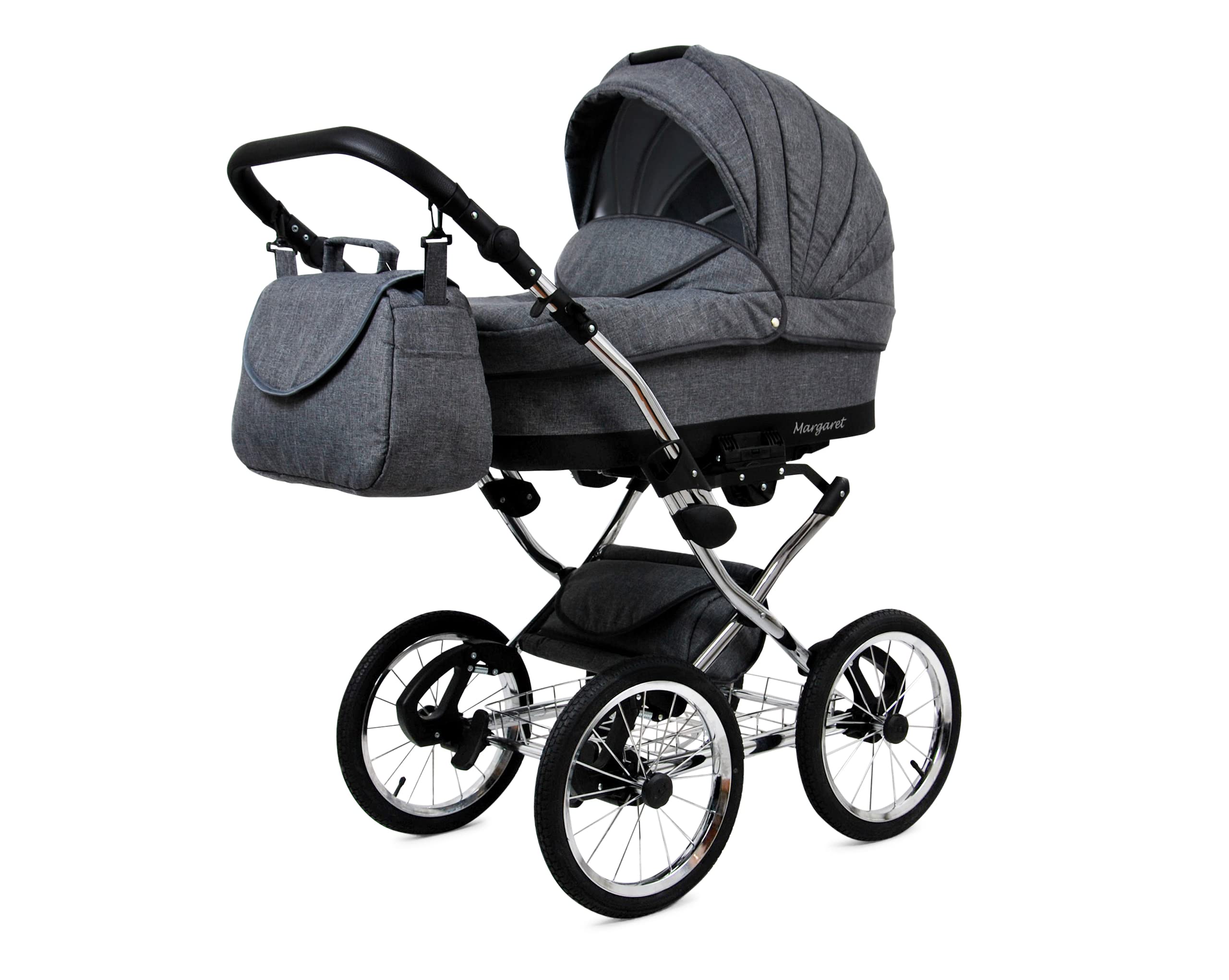 BabyLux Margaret Exclusive 3 w 1 System Podróżny dla Dziecka Retro| Wóżek + Spacerówka + Fotel Samochodowy z Akcesoriami, Folia Przeciwdeszczowa, Koła 14" Pompowane | Szary Elasty