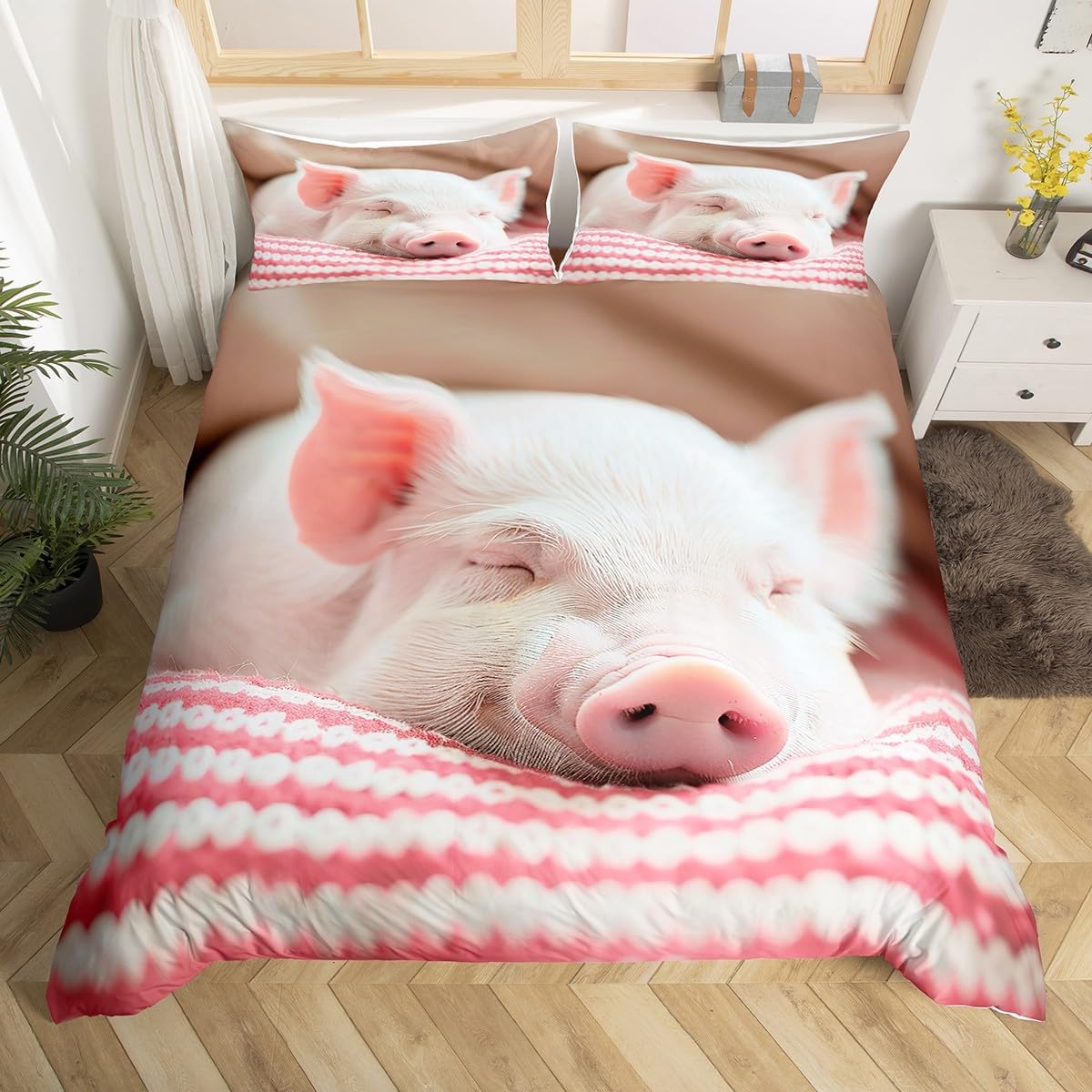 Castle Fairy Cute Pig Bedding Set,Sleeping Pig Duvet Cover for Kids Teens Girls,Pink Stripes Comforter Cover Decorative Room,Kawaii Animals Bedding with 2 Pillowcases,King Size(No Comforter)