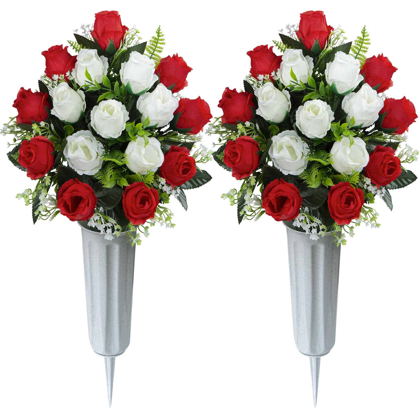 SIFOEL Set of 2 Artificial Grave Memorial Flowers Cemetery Flowers Rose Bouquet with Vase for Cemetery Graveyard Headstones Decoration (Red&White)